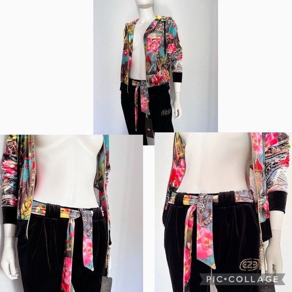 WOMEN VELOUR TRACKSUIT 2P SET JACKET/BLACK PANTS LOUNGEWEAR FLORAL PRINT HOODED‎ - Picture 5 of 12